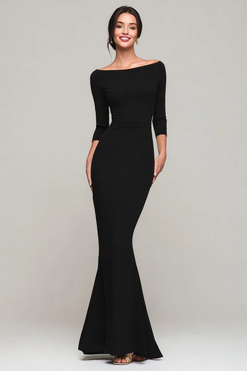Black Mermaid Boat Neck Maxi Formal Dress with Sleeves