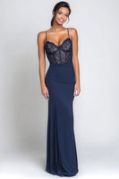 Load image into Gallery viewer, Navy Mermaid Spaghetti Straps Long Corset Formal Dress with Lace