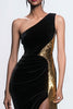 Load image into Gallery viewer, Black Velvet One Shoulder Mermaid Maxi Holiday Party Dress with Sequins