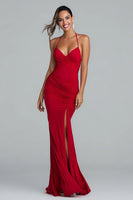 Load image into Gallery viewer, Simple Red Mermaid Halter Long Formal Dress with Slit