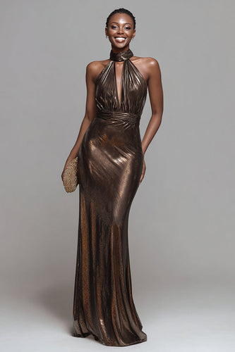 Sparkly Brown Mermaid High Neck Metallic Maxi Formal Dress