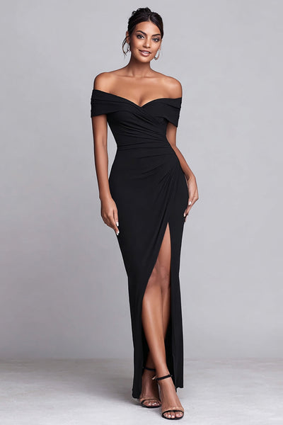 Black Mermaid Off the Shoulder Ruched Long Formal Dress with Slit