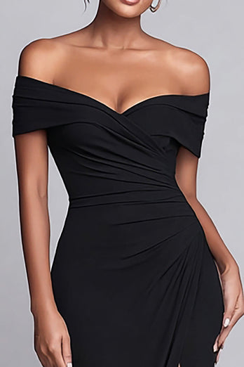 Black Mermaid Off the Shoulder Ruched Long Formal Dress with Slit
