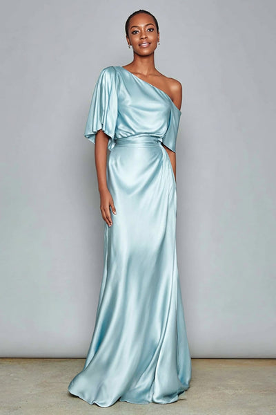 Light Blue Mermaid One Shoulder Satin Maxi Formal Dress with Sleeves