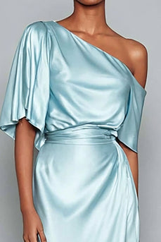 Light Blue Mermaid One Shoulder Satin Maxi Formal Dress with Sleeves