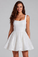 Load image into Gallery viewer, Sparkly White Square Neck Short A Line Prom Dress with Bow