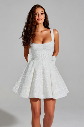 Sparkly White Square Neck Short A Line Prom Dress with Bow