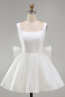 Load image into Gallery viewer, Sparkly White Square Neck Short A Line Prom Dress with Bow