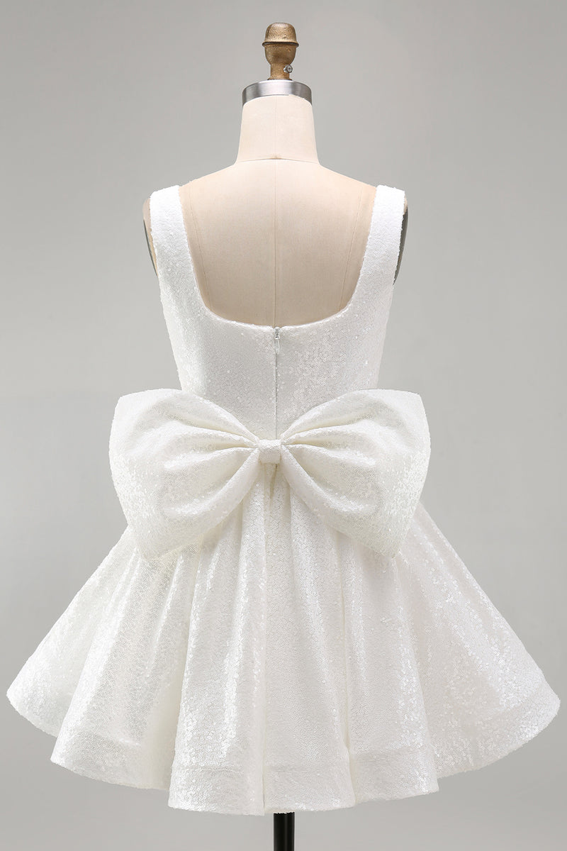 Load image into Gallery viewer, Sparkly White Square Neck Short A Line Prom Dress with Bow