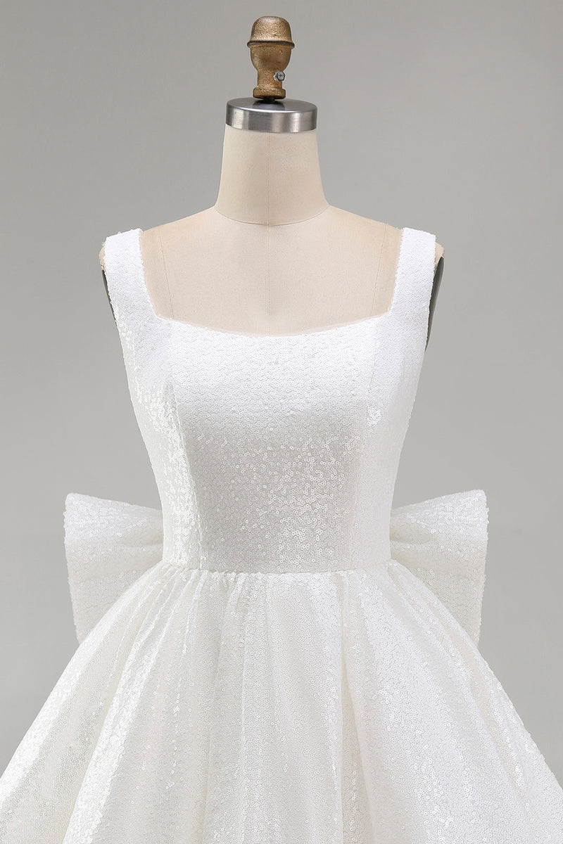 Load image into Gallery viewer, Sparkly White Square Neck Short A Line Prom Dress with Bow