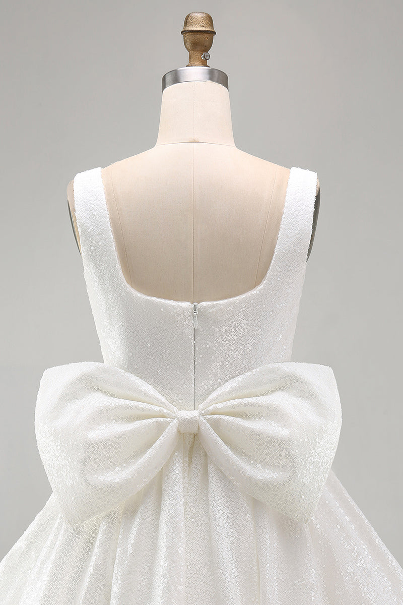 Load image into Gallery viewer, Sparkly Black Square Neck A Line Short Prom Dress with Bow
