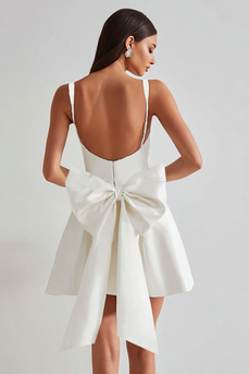 Ivory Satin Square Neck A Line Short Prom Dress with Bow
