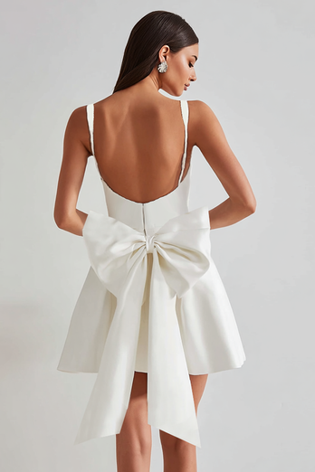 Ivory Satin Square Neck A Line Short Prom Dress with Bow