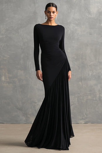 Black Mermaid Boat Neck Maxi Formal Dress with Sleeves