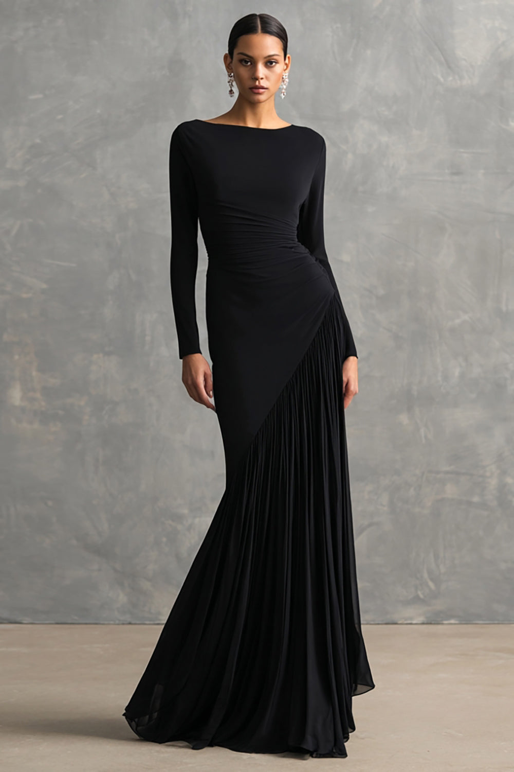 Queendancer Women Black Maxi Formal Dress with Sleeves Chiffon Boat