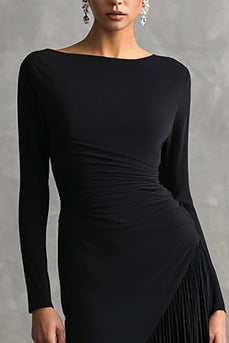Black Mermaid Boat Neck Maxi Formal Dress with Sleeves