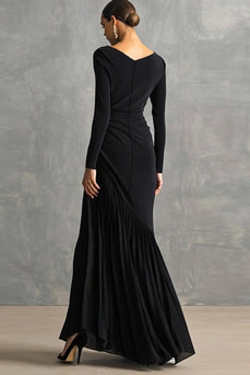 Black Mermaid Boat Neck Maxi Formal Dress with Sleeves