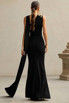 Black Mermaid One Shoulder Neck Scarf Long Formal Dress