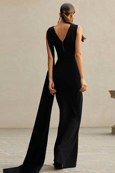 Black Mermaid One Shoulder Neck Scarf Long Formal Dress