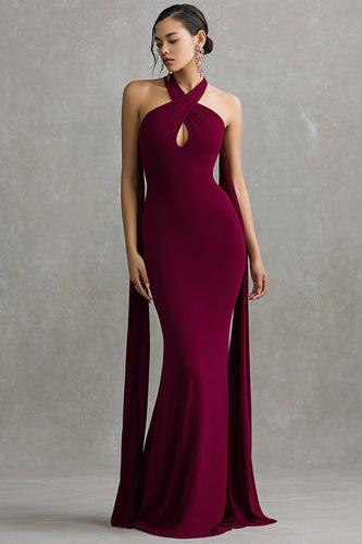 Burgundy Mermaid Halter Neck Scarf Long Formal Dress