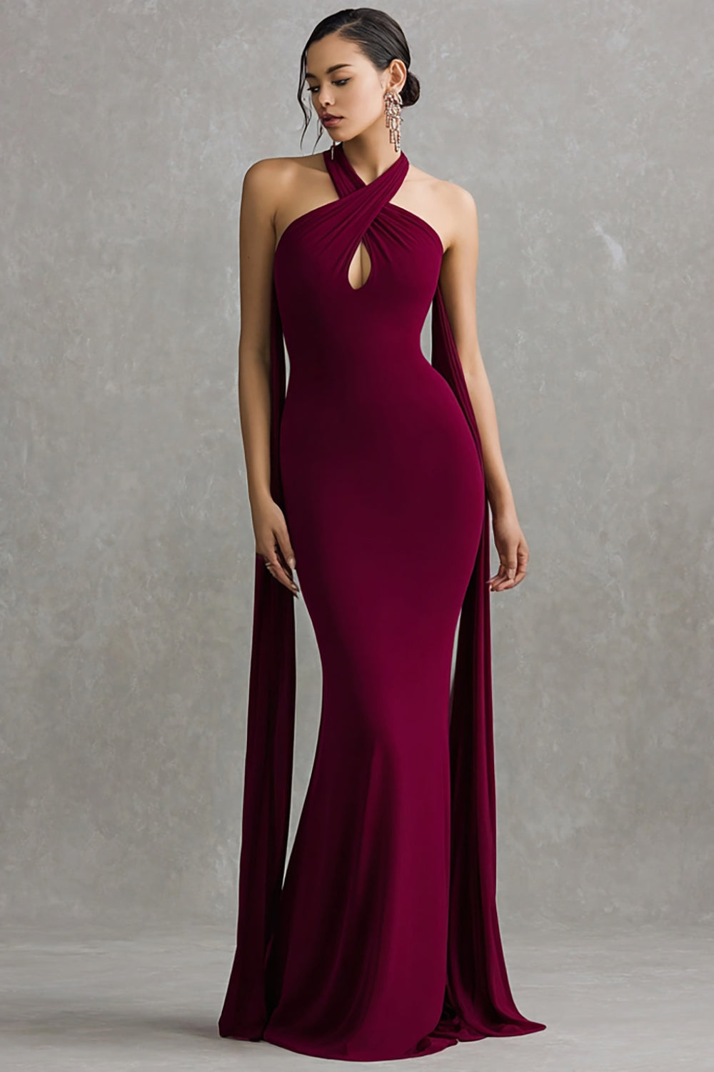 Burgundy Mermaid Halter Neck Scarf Long Formal Dress