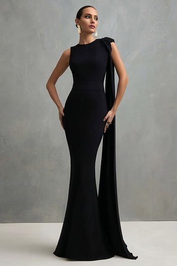 Black Mermaid Round Neck Long Formal Dress with Side Cape