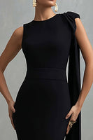 Load image into Gallery viewer, Black Mermaid Round Neck Long Formal Dress with Side Cape