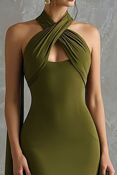 Olive Green Neck Scarf Halter Mermaid Long Formal Dress