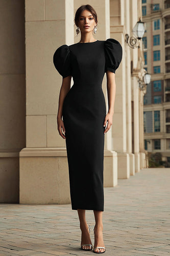 Black Bodycon Puff Sleeves Round Neck Tea Length Formal Dress
