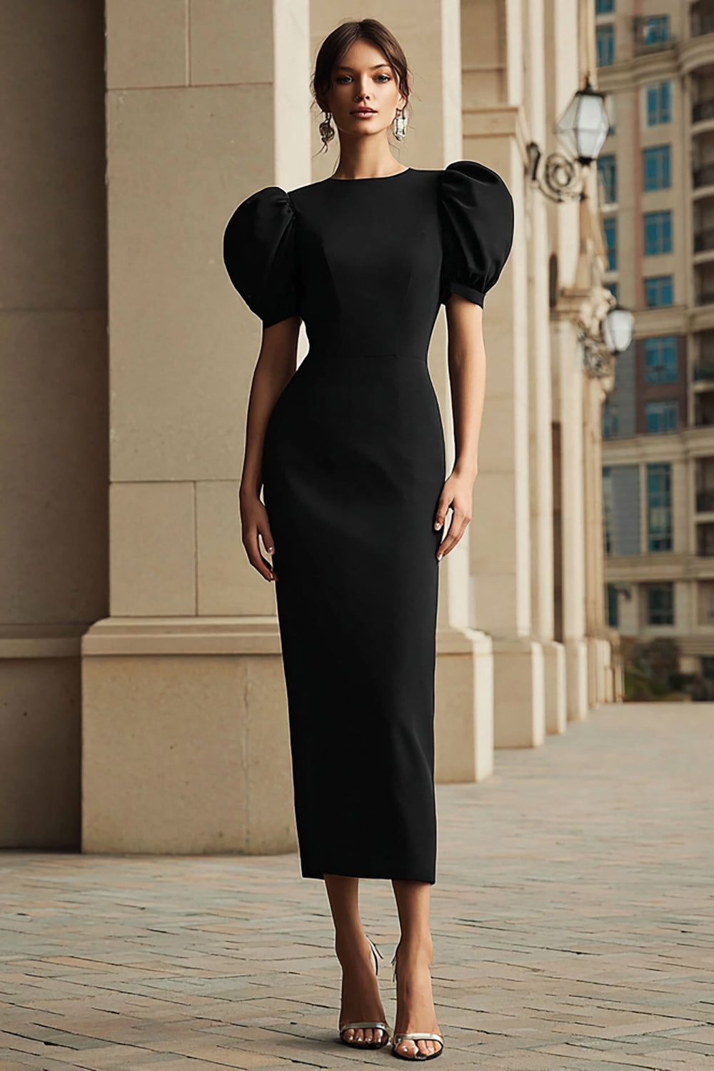 Black Bodycon Puff Sleeves Round Neck Tea Length Formal Dress