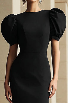 Black Bodycon Puff Sleeves Round Neck Tea Length Formal Dress