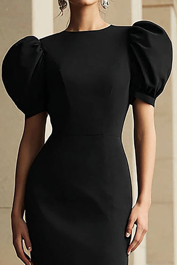Black Bodycon Puff Sleeves Round Neck Tea Length Formal Dress