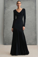 Load image into Gallery viewer, Black Pleated V-Neck Long Sleeves Formal Dress