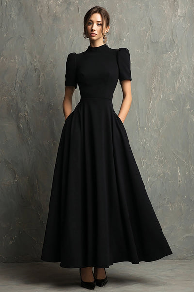 Women Black High Neck Maxi Formal Dress with Pockets A-Line Short Sleeves Black Tie Dress