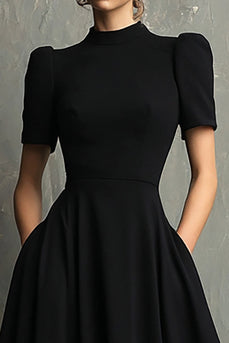 Black Short Sleeves A-Line High Neck Long Formal Dress with Pockets