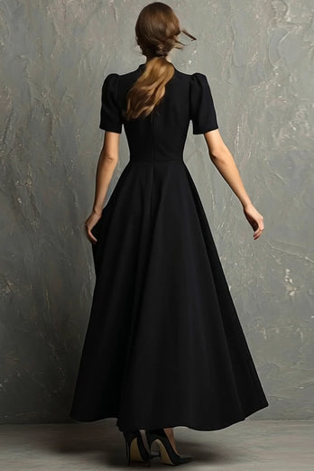 Black Short Sleeves A-Line High Neck Long Formal Dress with Pockets