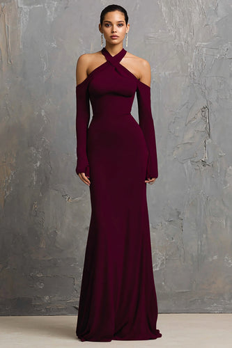 Burgundy Sheath Halter Long Sleeves Formal Dress