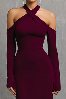 Burgundy Sheath Halter Long Sleeves Formal Dress