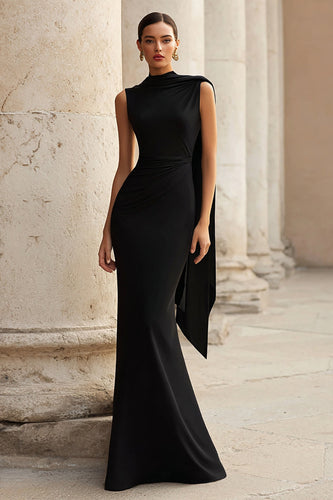 Black Mermaid High Neck Maxi Formal Dress with Cape