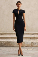 Load image into Gallery viewer, Black Bodycon Round Neck Short Sleeves Midi Semi-Formal Dress
