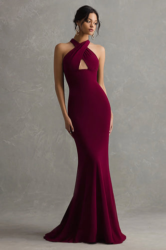 Burgundy Mermaid Halter Keyhole Long Formal Dress
