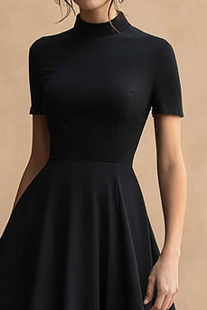 Black Satin High Neck Short Sleeves A-Line High-Low Formal Dress