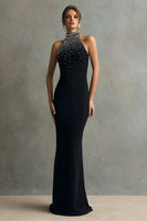 Load image into Gallery viewer, Queendancer Women Sparkly Black Long Formal Dress with Beading Halter Mermaid Black Tie Dress