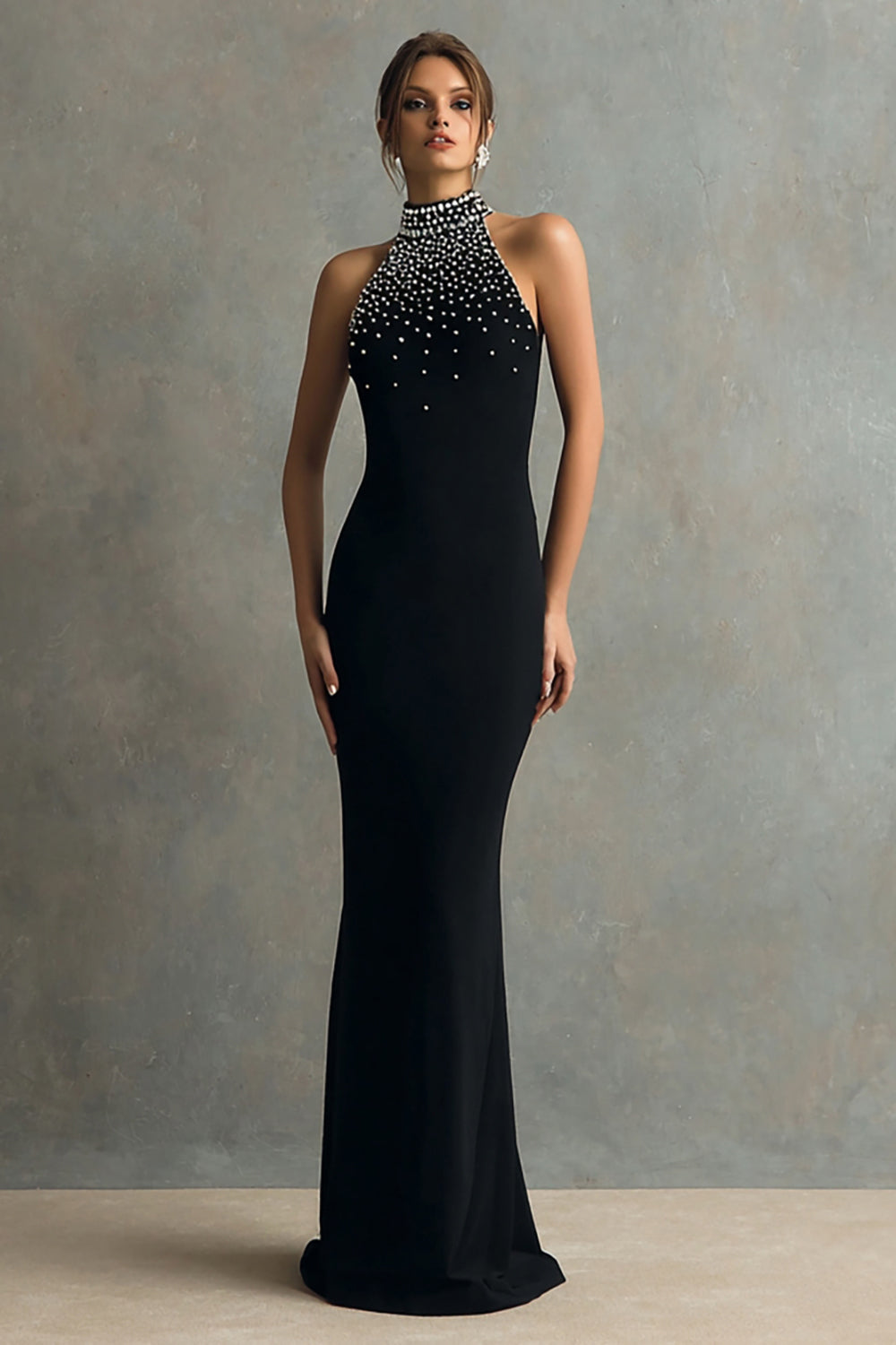 Sparkly Black Halter Mermaid Maxi Formal Dress with Beading
