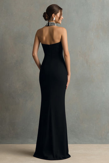 Sparkly Black Halter Mermaid Maxi Formal Dress with Beading