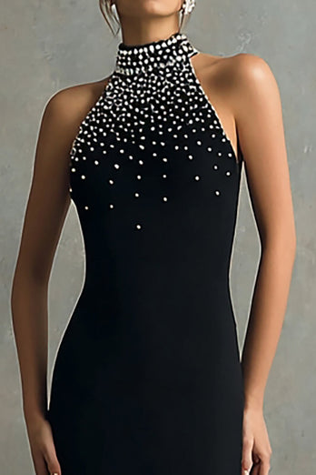 Sparkly Black Halter Mermaid Maxi Formal Dress with Beading
