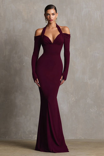 Burgundy Halter Mermaid Long Sleeves Formal Dress
