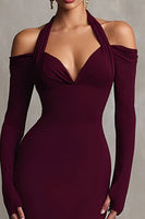 Load image into Gallery viewer, Burgundy Halter Mermaid Long Sleeves Formal Dress