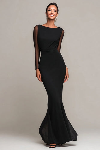 Black Mermaid Boat Neck Maxi Formal Dress with Sleeves