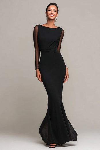 Black Mermaid Boat Neck Maxi Formal Dress with Sleeves